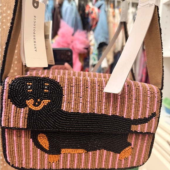 Anthropologie Pink Striped Beaded Dachshund Shoulder Fiona Bag - Picture 2 of 2